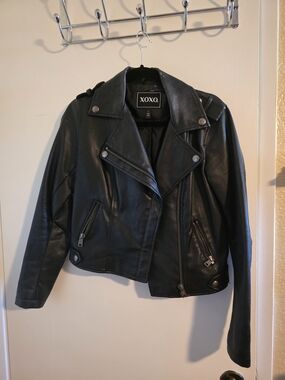 XOXO Black Faux Leather Moto Jacket with Zipper Details